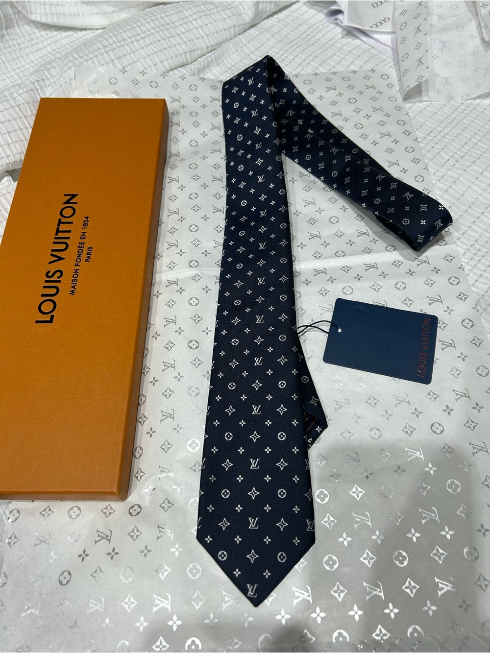 Louis Vuitton Navy and White Monogram Silk Tie
